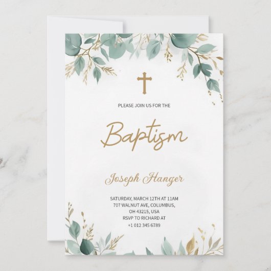 baptism invitation with elegant floral  招待状 (正面)