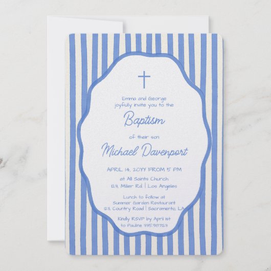 Baptism invitation with fancy blue pinstripes 招待状 (正面)