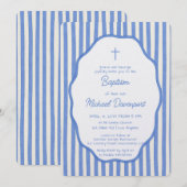 Baptism invitation with fancy blue pinstripes 招待状 (正面/裏面)