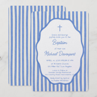 Baptism invitation with fancy blue pinstripes 招待状