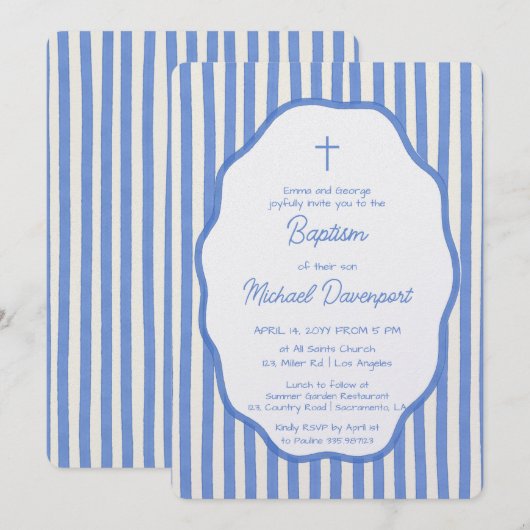 Baptism invitation with fancy blue pinstripes 招待状 (正面/裏面)