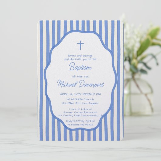 Baptism invitation with fancy blue pinstripes 招待状 (スタンド正面)