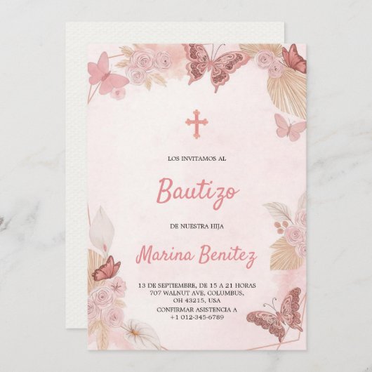 Baptism invitation with floral design  招待状 (正面/裏面)