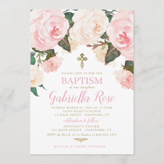 Baptism Invite | Pink Floral Gold 招待状 (正面)