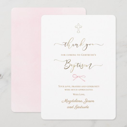 Baptism little pink bow thank you card 招待状 (正面/裏面)