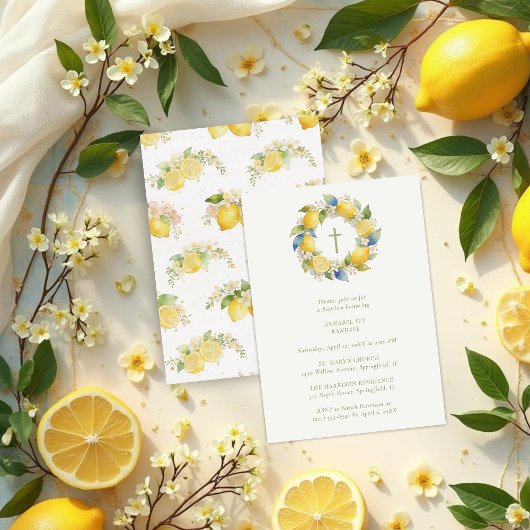 Baptism Mediterranean Wreath with Floral and Lemon 招待状