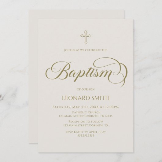Baptism modern boho gold marfil invitation 招待状 (正面/裏面)