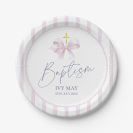 Baptism Paper Plates for Girl, Modern Pink Bow  ペーパープレート