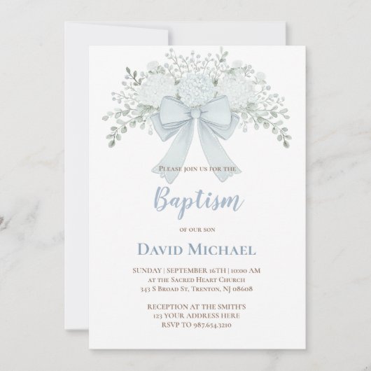 Baptism pastel blue floral bow 招待状 (正面)