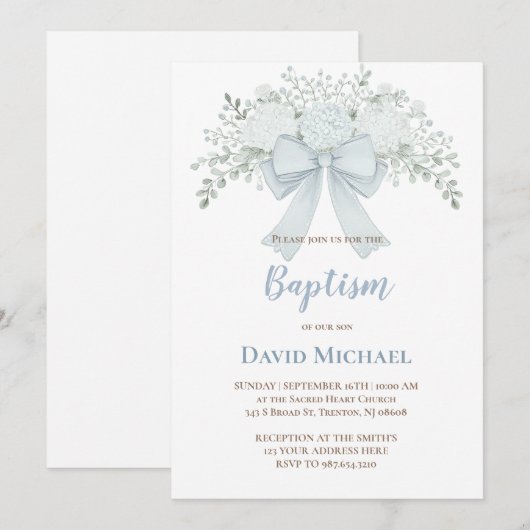 Baptism pastel blue floral bow 招待状 (正面/裏面)