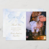 Baptism photo watercolor blue bow thank you card 招待状 (正面/裏面)