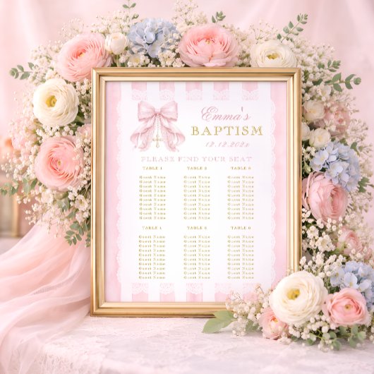 Baptism Pink Bow Baby Girl Seating Chart ポスター