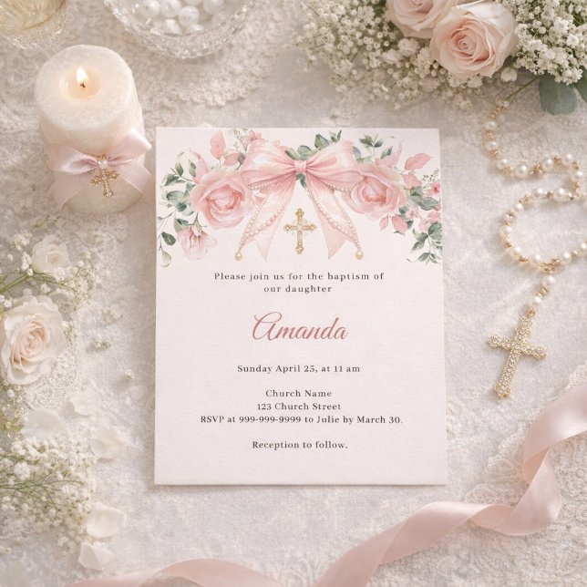 Baptism Pink Bow Ivory Florals Cross Invitation (クリエイターアップロード済み)