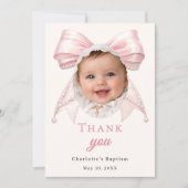 Baptism pink bow photo ivory pearls girl サンキューカード (正面)