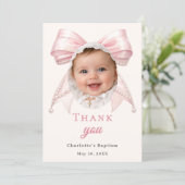 Baptism pink bow photo ivory pearls girl サンキューカード (スタンド正面)