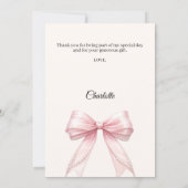 Baptism pink bow photo ivory pearls girl サンキューカード (裏面)