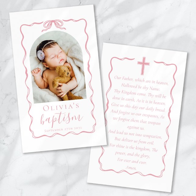 Baptism Pink Bow Ribbon Photo Keepsake Prayer Card (クリエイターアップロード済み)