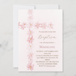 Baptism pink floral cross  招待状