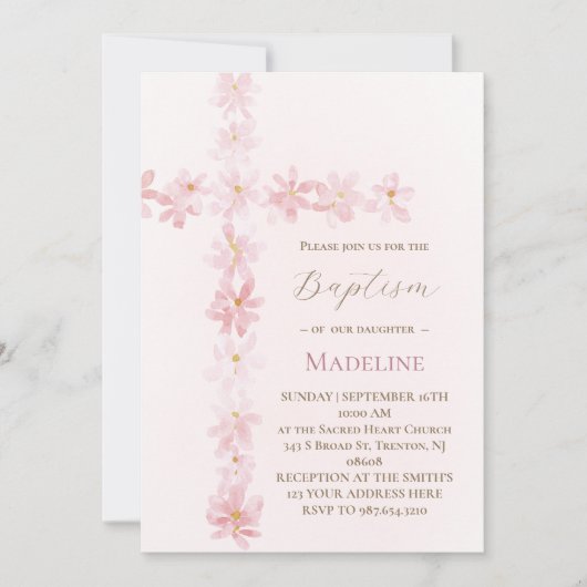 Baptism pink floral cross  招待状 (正面)