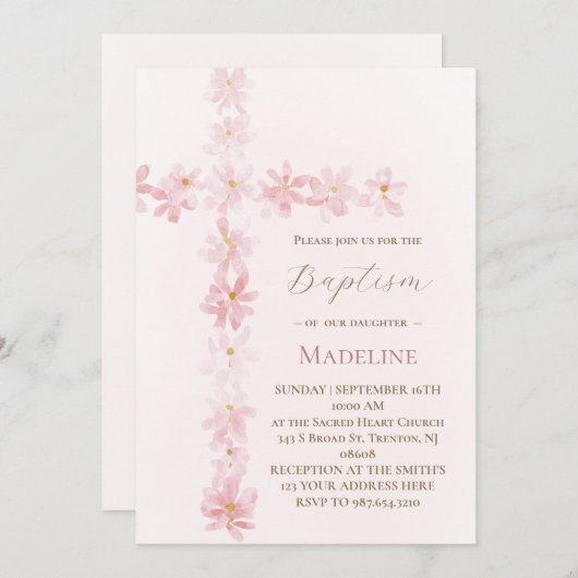 Baptism pink floral cross 招待状 (正面/裏面)