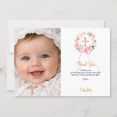 Baptism pink florals bow photo girl thank you card 招待状 (正面)
