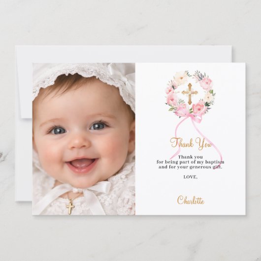 Baptism pink florals bow photo girl thank you card 招待状 (正面)