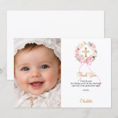 Baptism pink florals bow photo girl thank you card 招待状 (正面/裏面)