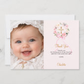 Baptism pink florals bow photo girl thank you card 招待状 (正面)