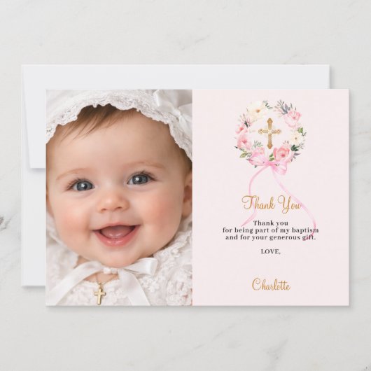 Baptism pink florals bow photo girl thank you card 招待状 (正面)