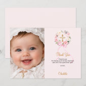 Baptism pink florals bow photo girl thank you card 招待状 (正面/裏面)