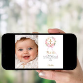 Baptism pink florals bow photo girl thank you card 招待状