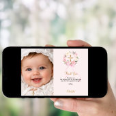 Baptism pink florals bow photo girl thank you card 招待状