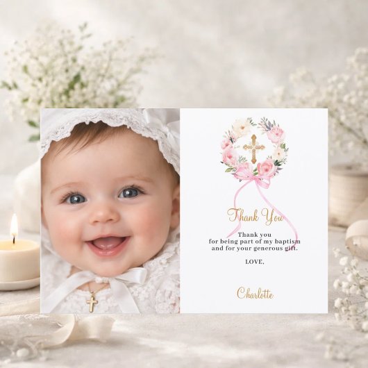 Baptism pink florals wreath bow photo girl サンキューカード
