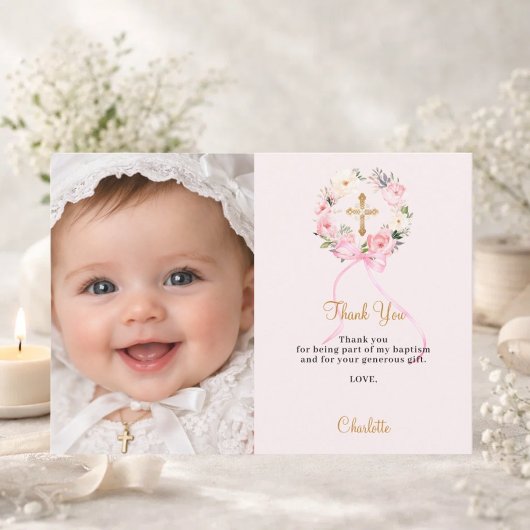 Baptism pink florals wreath bow photo girl サンキューカード