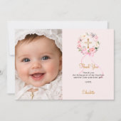 Baptism pink florals wreath bow photo girl サンキューカード (正面)