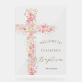 Baptism pink flowers cross welcome clear sign アクリルサイン (正面)