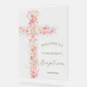 Baptism pink flowers cross welcome clear sign アクリルサイン (傾斜)