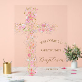 Baptism pink flowers cross welcome clear sign アクリルサイン
