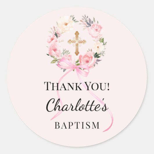 Baptism pink girl florals wreath cross thank you ラウンドシール (正面)