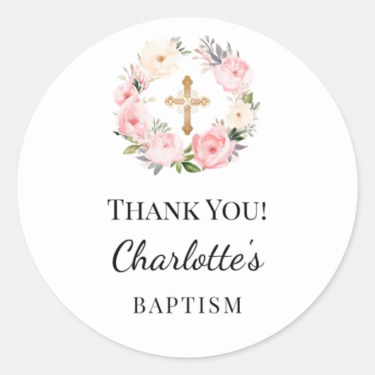 Baptism pink girl florals wreath cross thank you ラウンドシール (正面)