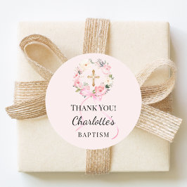 Baptism pink girl florals wreath cross thank you ラウンドシール