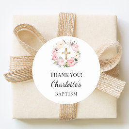 Baptism pink girl florals wreath cross thank you ラウンドシール