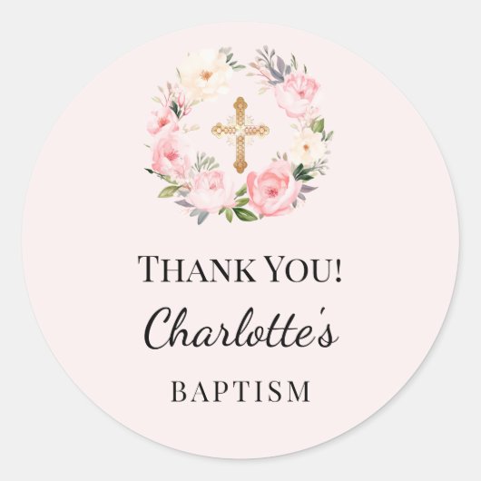 Baptism pink girl florals wreath cross thank you ラウンドシール (正面)