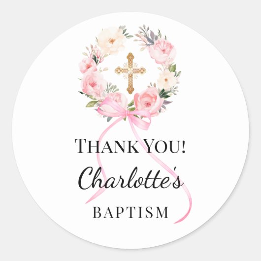 Baptism pink girl florals wreath cross thank you ラウンドシール (正面)