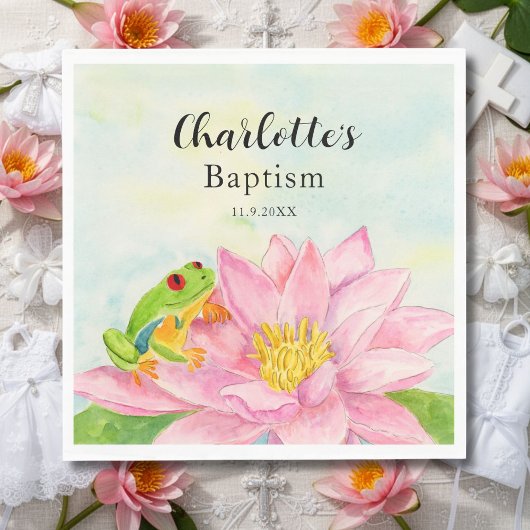 Baptism Pink Waterlily & Tree Frog スタンダードカクテルナプキン