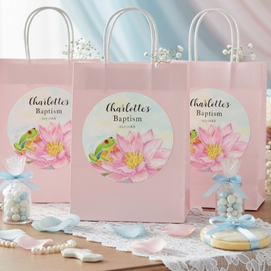 Baptism Pink Waterlily & Tree Frog ラウンドシール