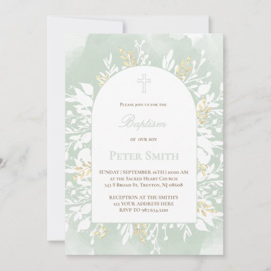 Baptism sage green watercolor foliage  invitation 招待状 (正面)