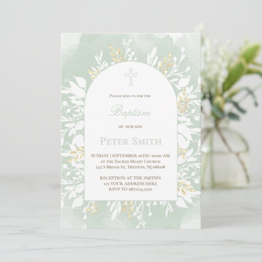Baptism sage green watercolor foliage  invitation 招待状 (スタンド正面)