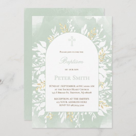 Baptism sage green watercolor foliage  invitation 招待状 (正面/裏面)