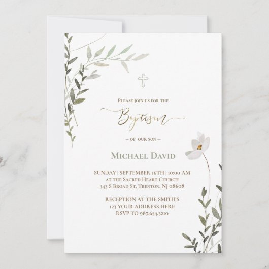 Baptism sage green watercolor foliage invitation 招待状 (正面)